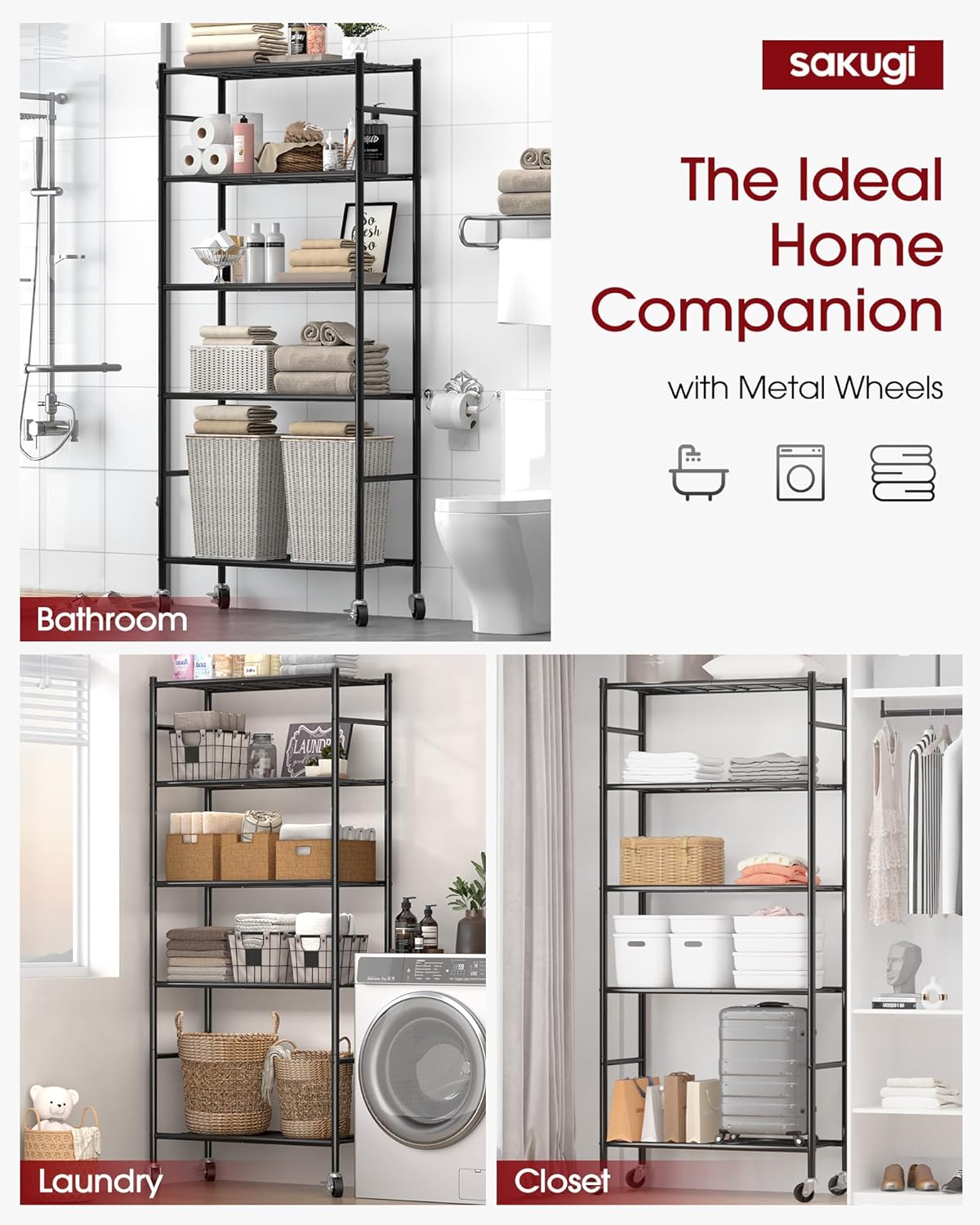 Storage Shelves Organizer - 5 Tier Metal Shelf Organizer with Metal Wheels and Adjustable Leveling Feet, Heavy Duty