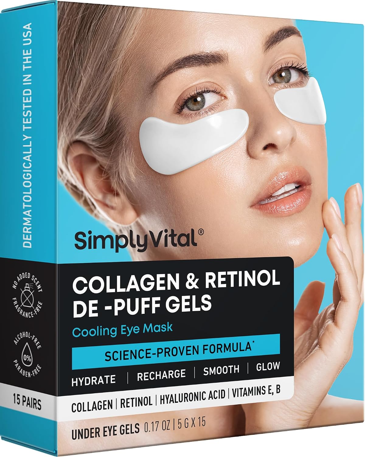 Collagen Eye Patches for Puffy Eyes - Retinol, Hyaluronic Acid, 15 Pairs | Depuffing Under Eye Patches for Dark