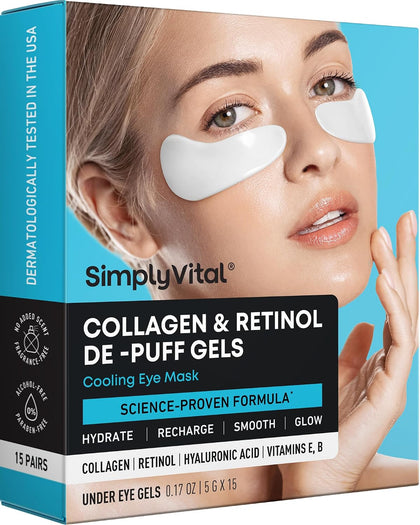Collagen Eye Patches for Puffy Eyes - Retinol, Hyaluronic Acid, 15 Pairs | Depuffing Under Eye Patches for Dark