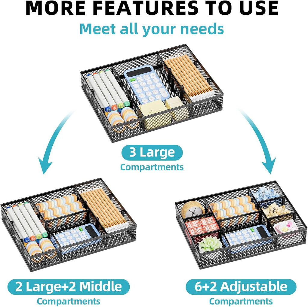 2 Pack Desk Drawer Organizer, Mesh Drawer Organizer Tray with 8 Adjustable Compartments, Desk Organizers and