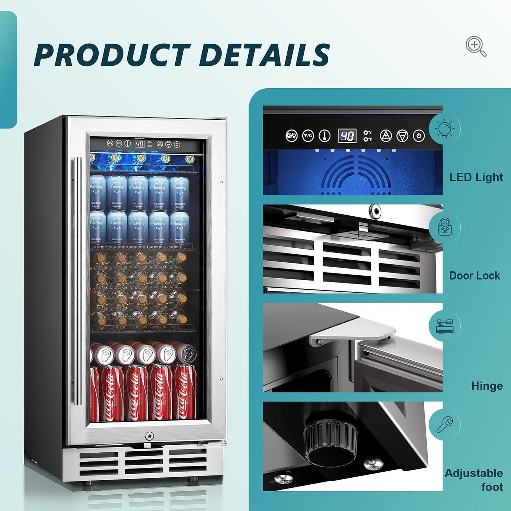 15 Inch Beverage Refrigerator, 127 Can Under Counter Refrigerator
