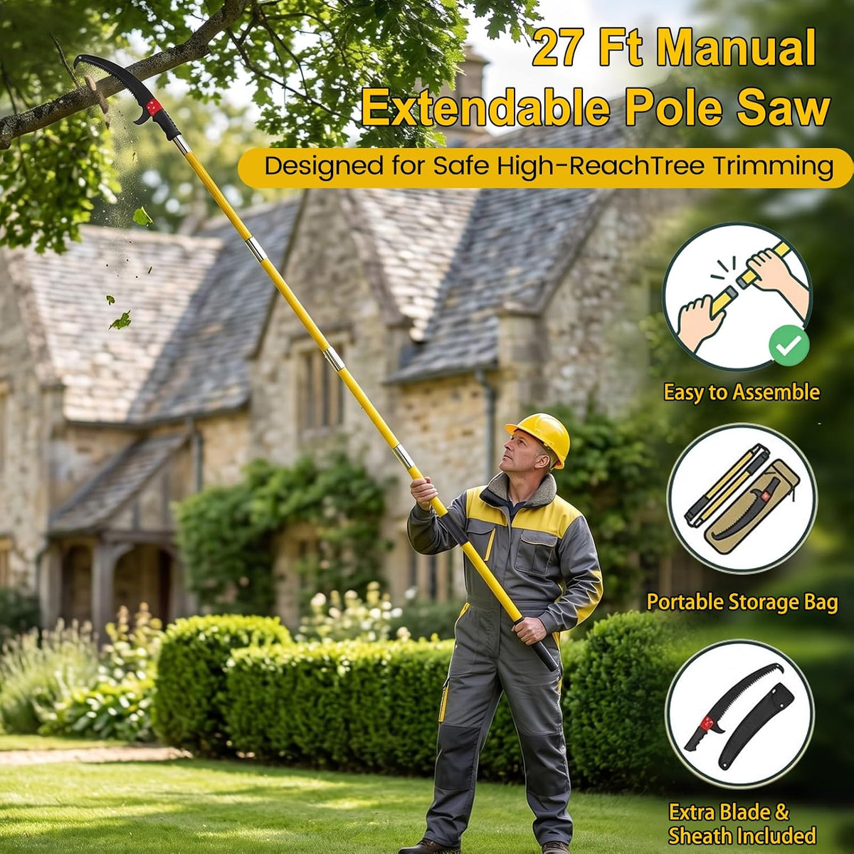 Manual Pole Saw,7.3-27 ft Adjustable Extendable Tree Pruner,High Carbon Steel Double-Hook Blade,Lightweight 8