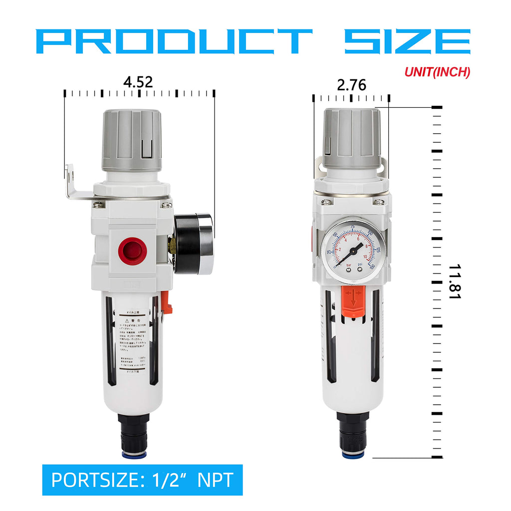 NANPU 1/2" NPT Air Compressor Filter & Pressure Regulator Combo, Auto Drain