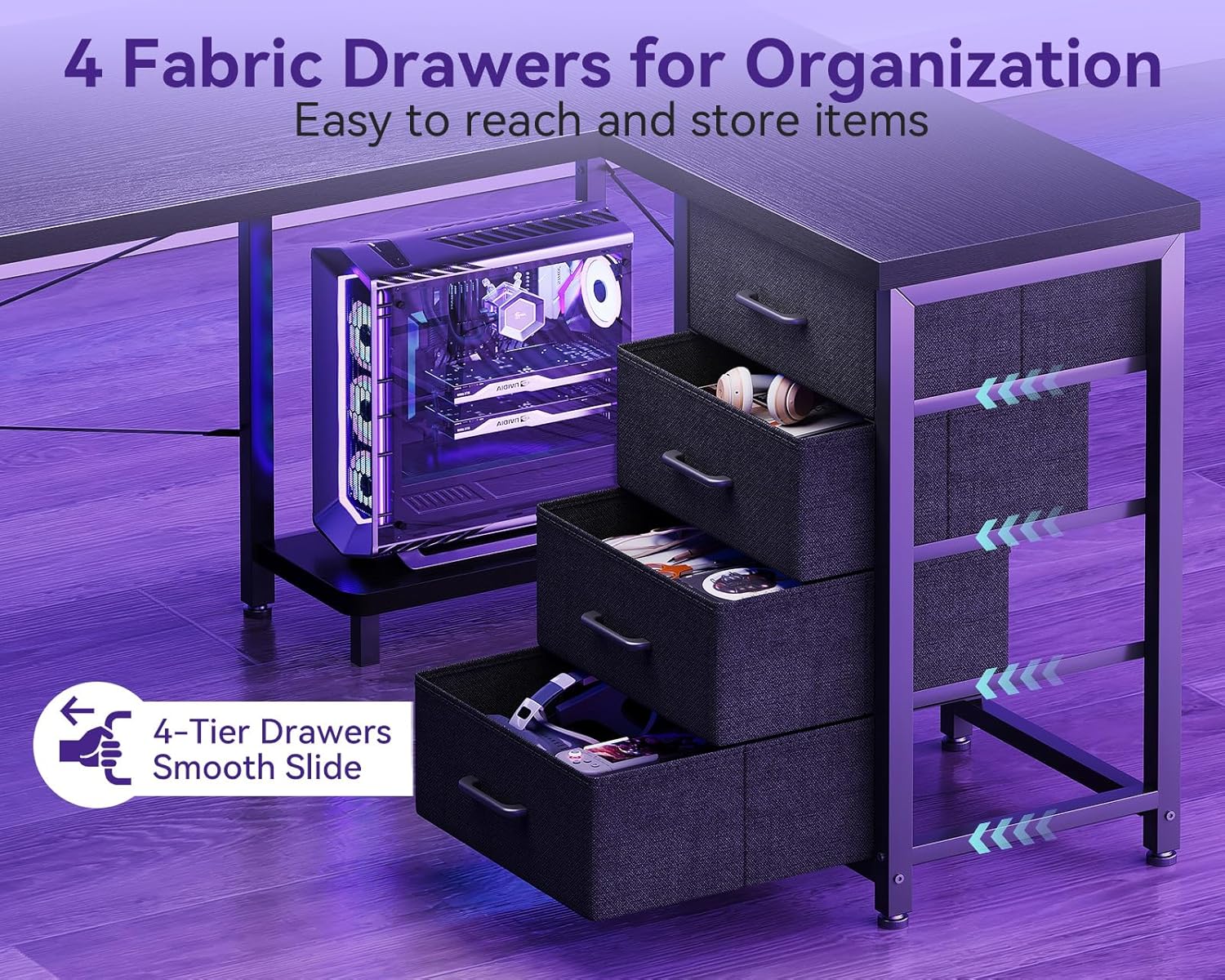L Shaped Gaming Desk with 4 Drawers, 61" Reversible Home Office Desks with Power Outlets, L Shaped Computer Desk with