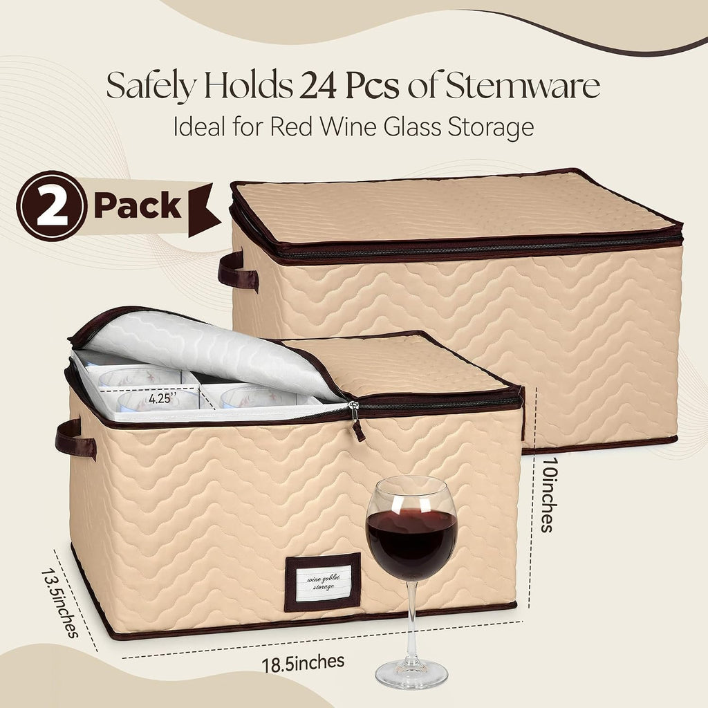 Wine Glass Storage Box with Dividers, Holds 12 Glasses up to 4.25" Wide