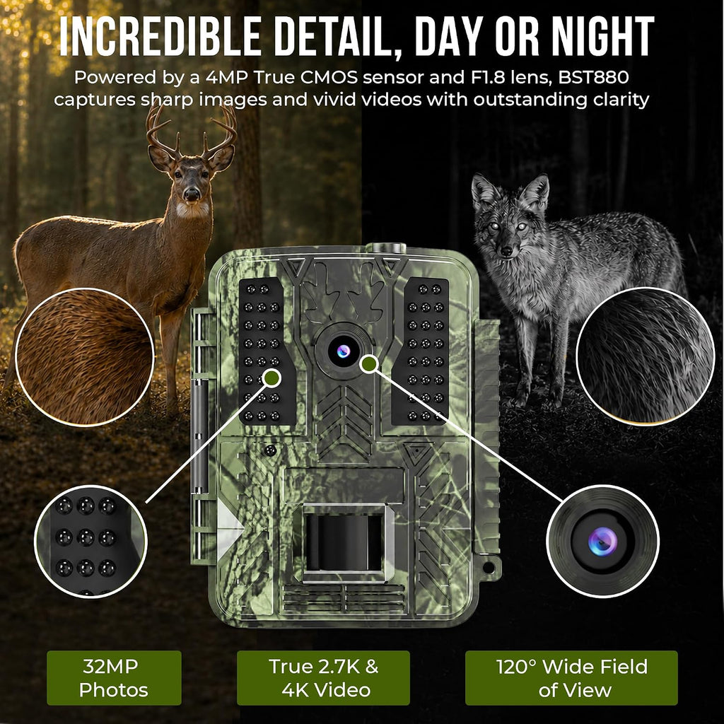 Trail Camera (Non-Cellular Non-WiFi) Up to 32MP Photos, 4K Video, 0.2–0.3s Trigger, 100ft No Glow Night Vision Motion