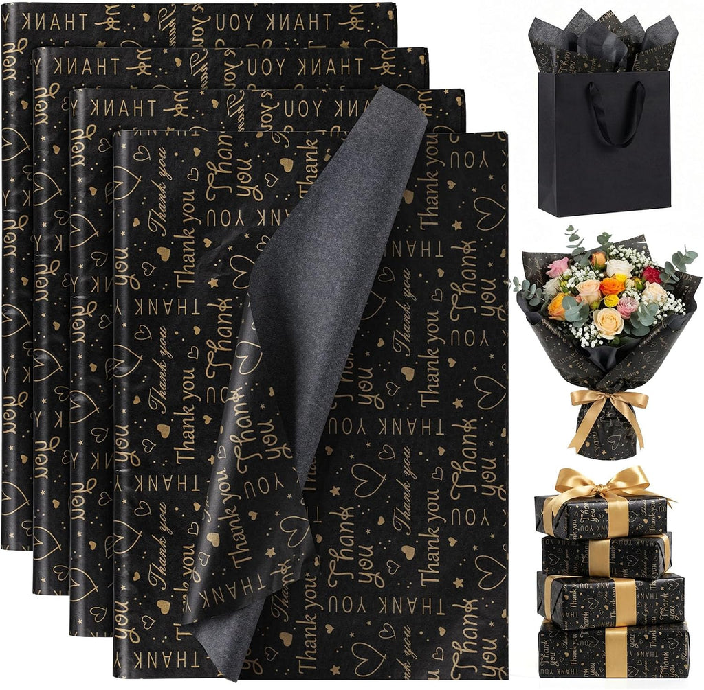 100 Sheets Black Gold Thank You Tissue Paper, 20 X 14 inches