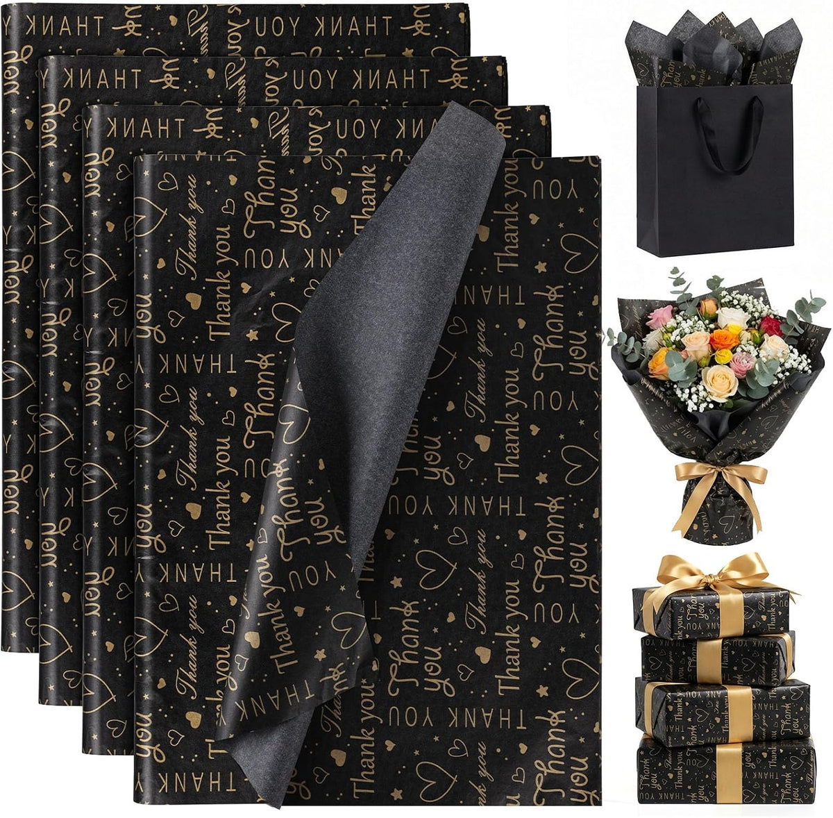 100 Sheets Black Gold Thank You Tissue Paper, 20 X 14 inches