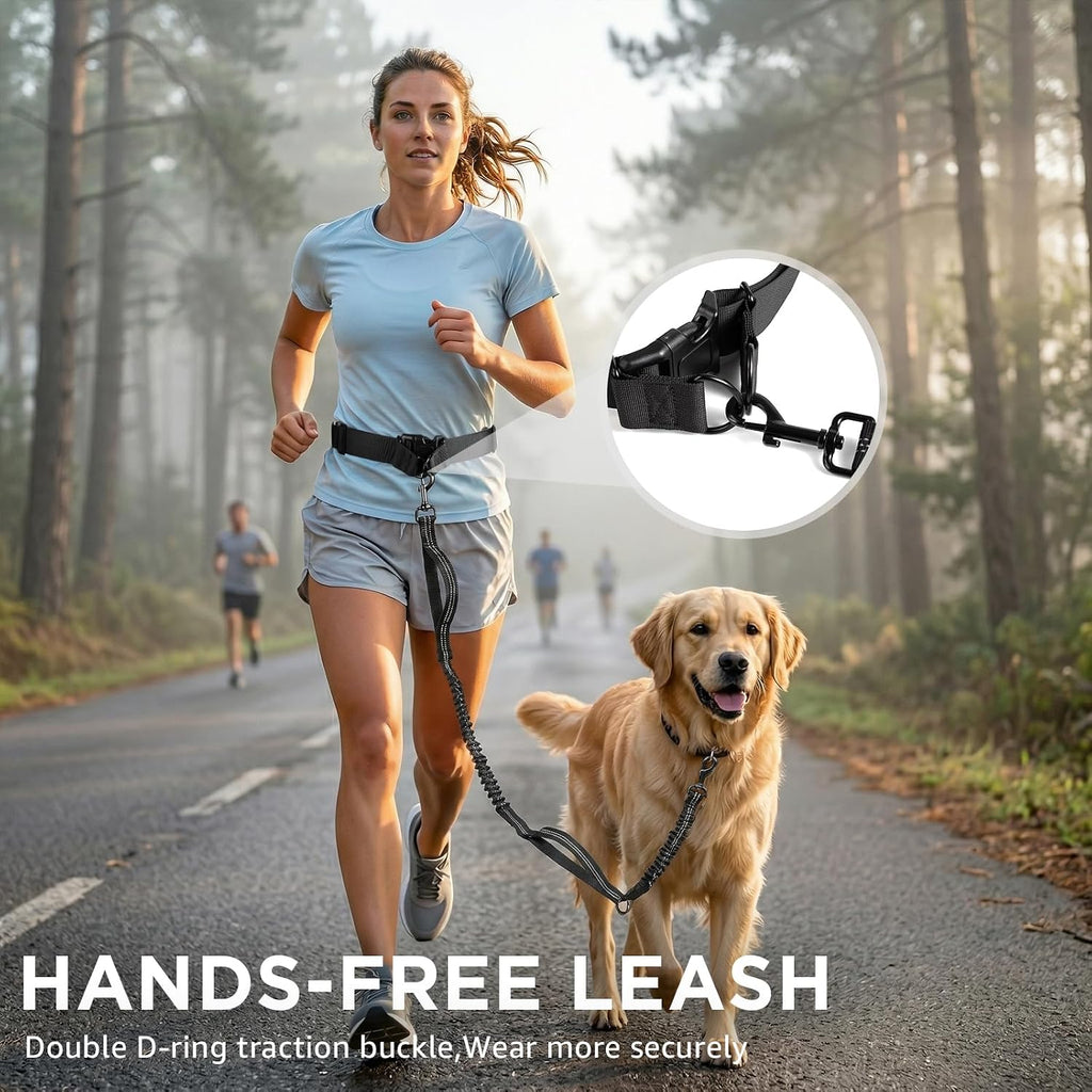 Hands Free Dog Leash with Waist Pack Bungee for Running Black