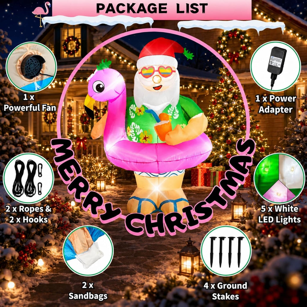 Christmas Inflatable Santa Claus Outdoor Decorations 6ft Giant Blow Up Hawaiian Santa Inflatables with Flamingo