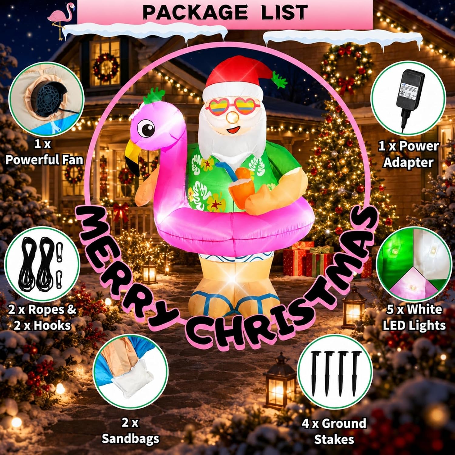 Christmas Inflatable Santa Claus Outdoor Decorations 6ft Giant Blow Up Hawaiian Santa Inflatables with Flamingo