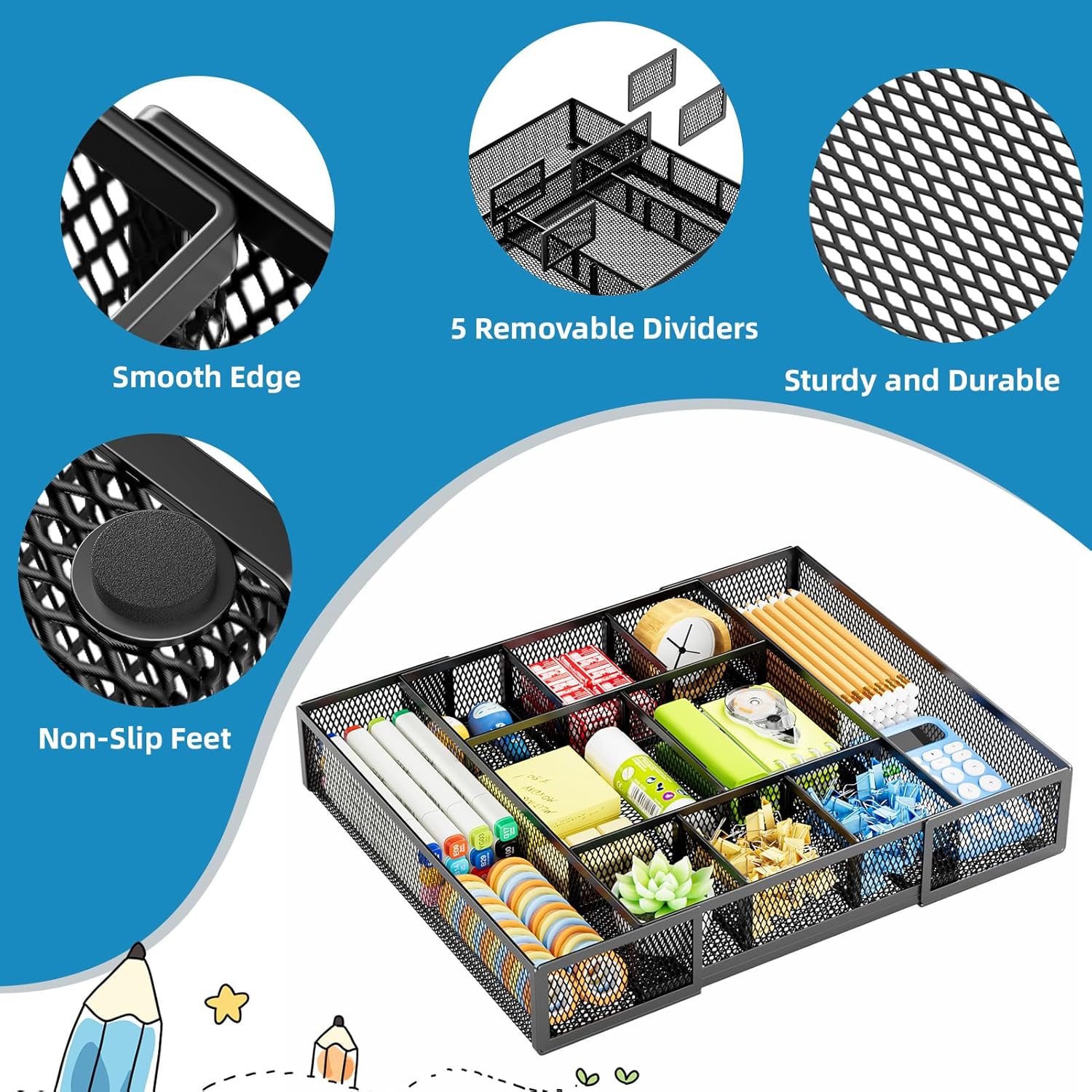 Expandable Desk Drawer Organizer, Mesh Drawer Organizer Tray with 10 Adjustable Compartments, Desk Organizers and