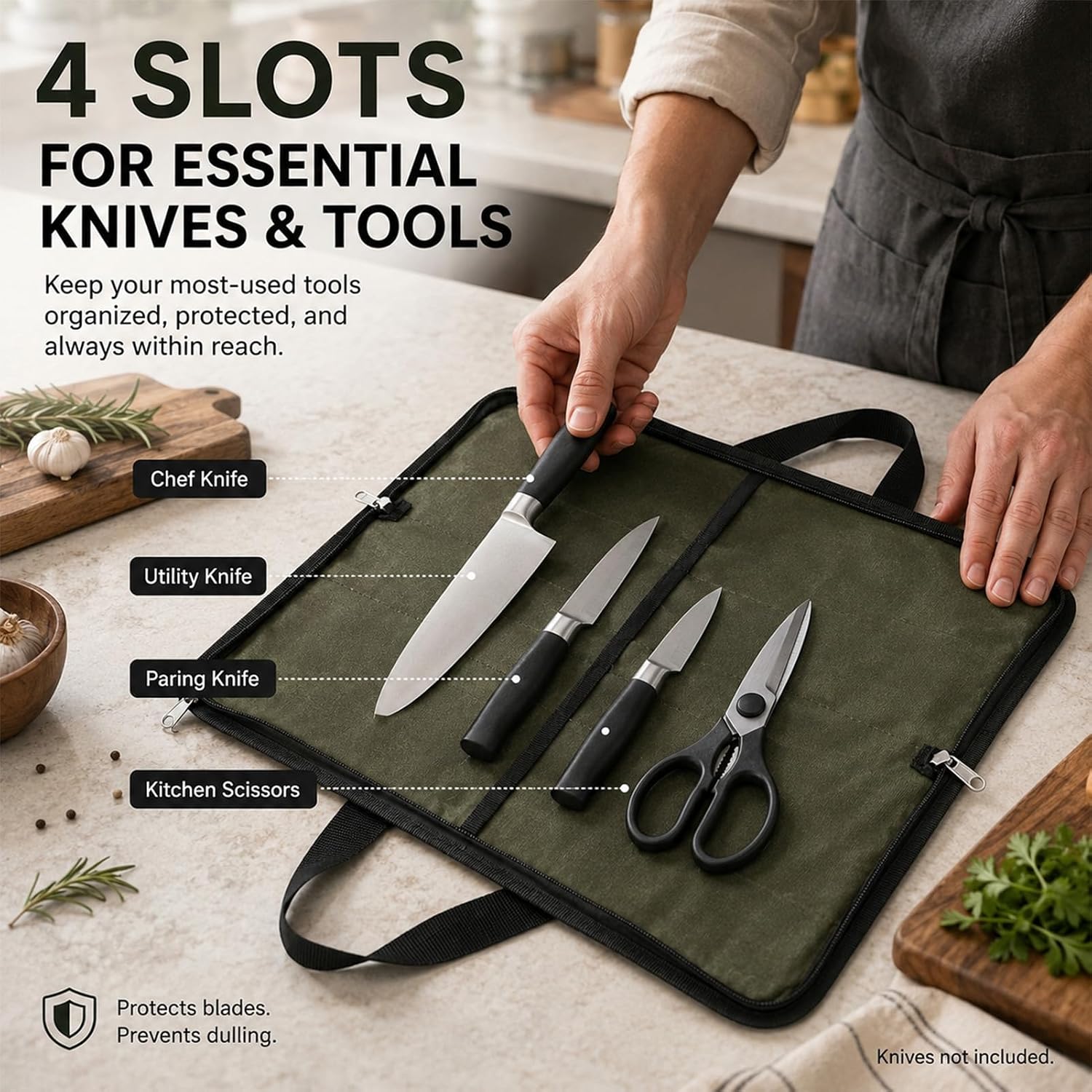 4 Slots Chefs Knife Roll Bag Cutlery Storage Case Men Army Green | Heavy duty waxed canvas pouches.Portable handles