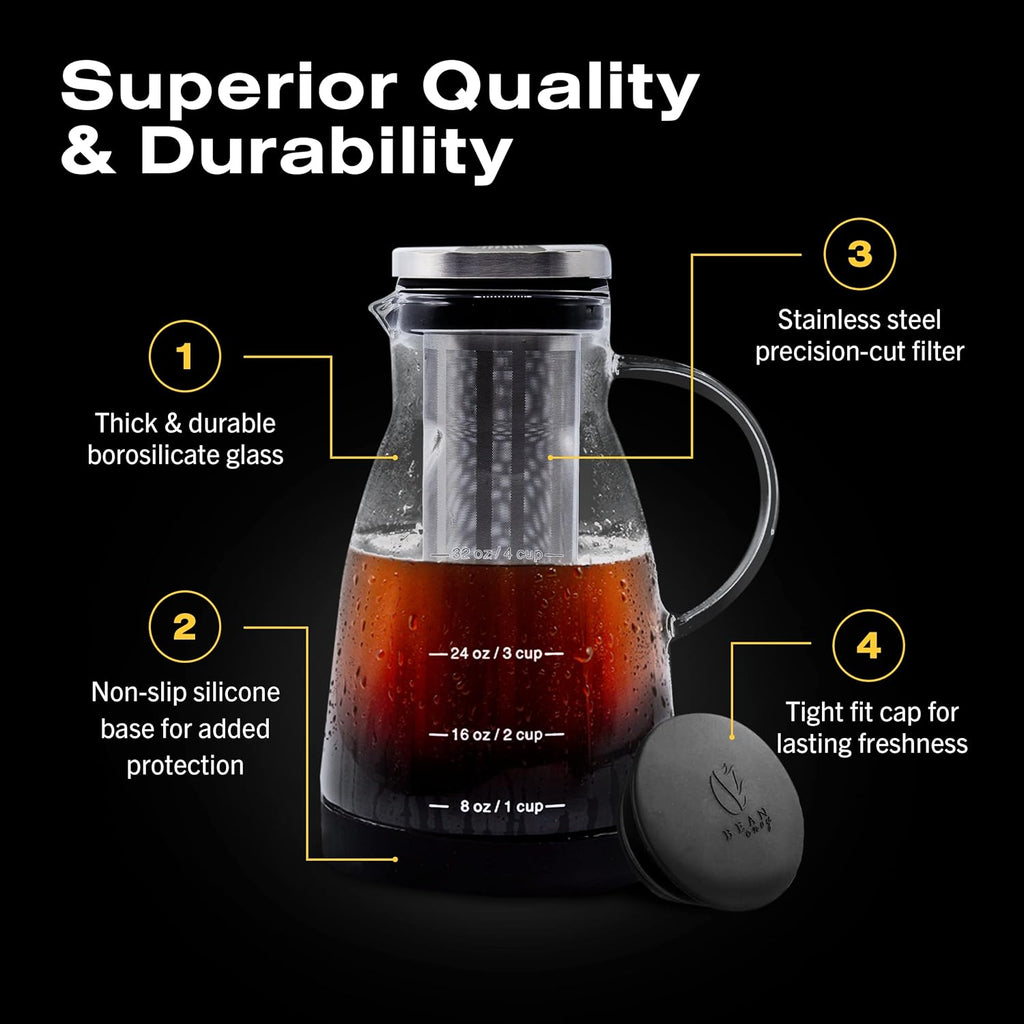 Cold Brew Coffee Maker - 32 oz Glass Coffee Cold Brew Maker and Pitcher w/Silicone Cap & Base | BPA-Free