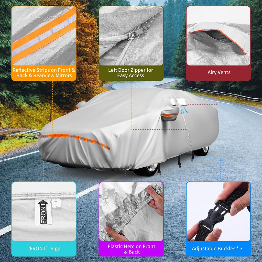 8 Layers Car Cover Waterproof All Weather,Outdoor Car Cover Rain Sun Protection for Car with Zipper Cotton, Universal