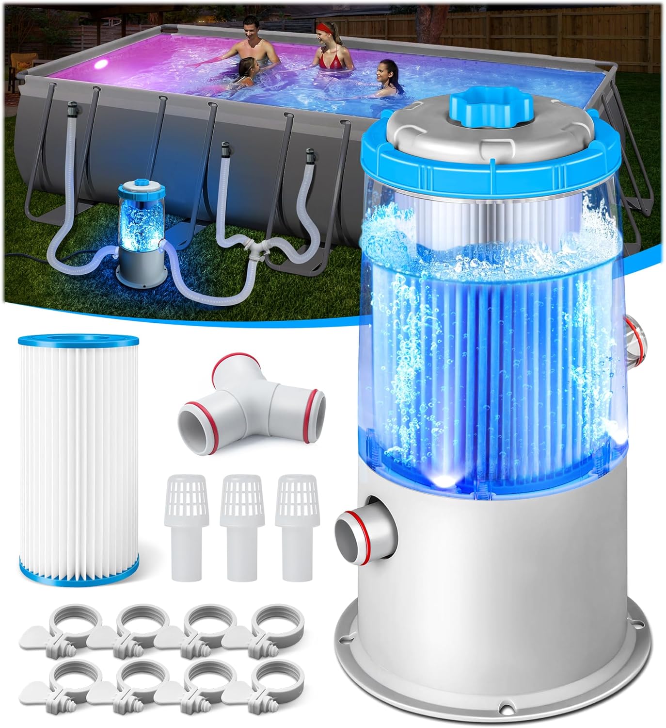 1000 GPH Light-Up Pool Filter Pump for Above Ground Pool|Built-in Blue LED Light,Transparent Housing for Real-Time