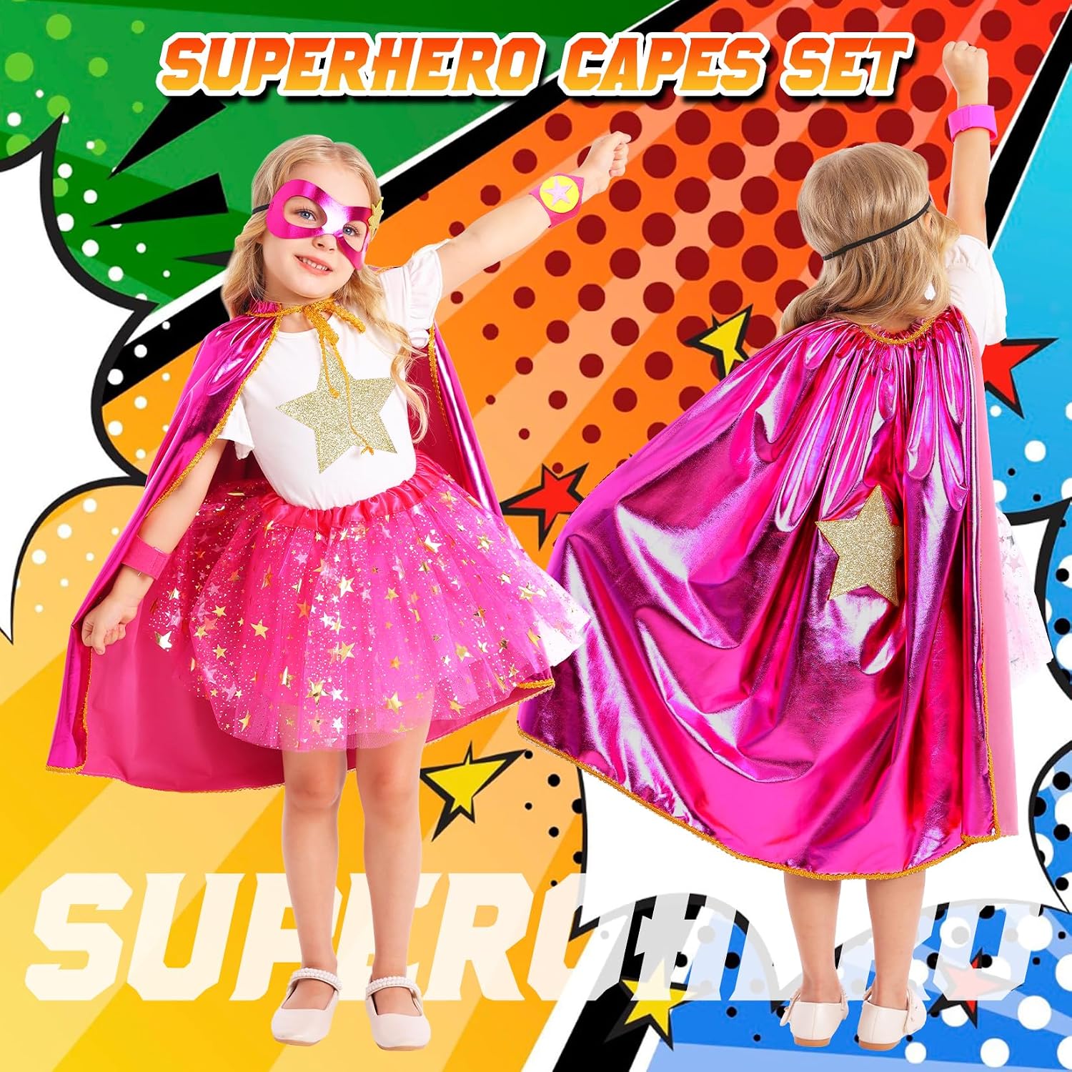 Kids Superhero Cape Tutu Costume Set for Girls Halloween Dress Up Age 3-10 | Includes satin cloak, mask, star cuffs &