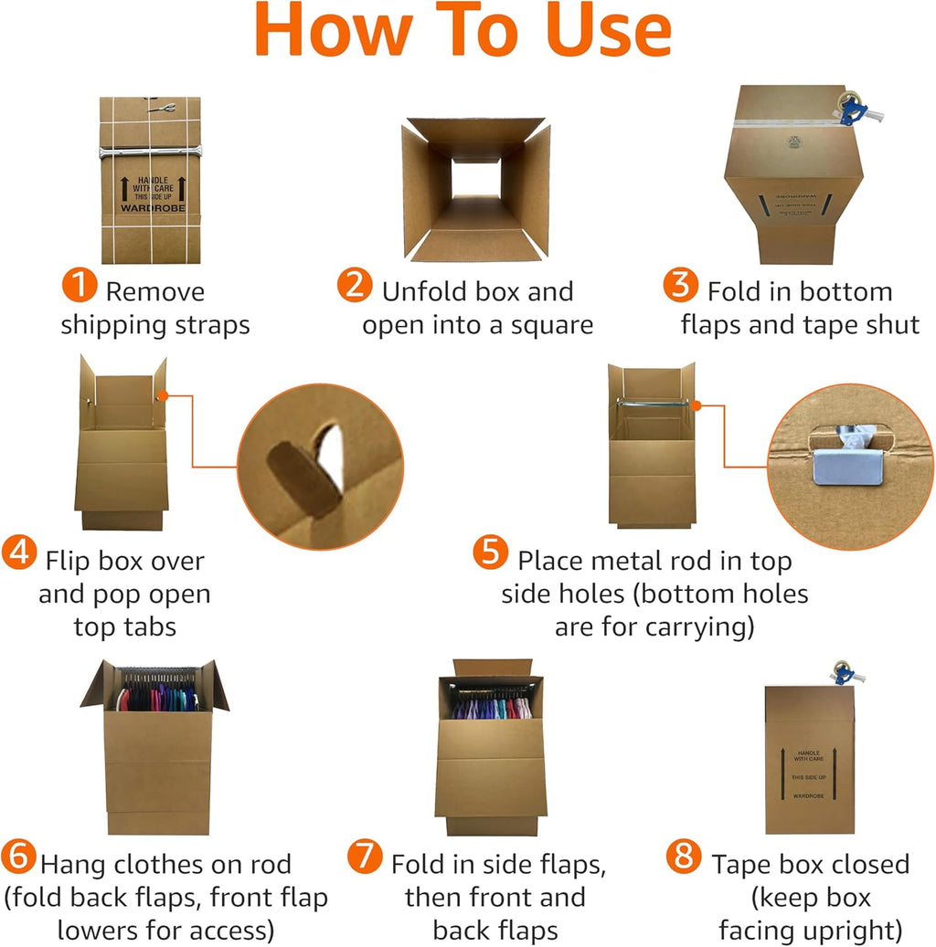 Sturdy Wardrobe Moving Boxes with Hanger Bar for Packing Clothes, Easy to Assemble, With Handles, 20" x 20" x 34"
