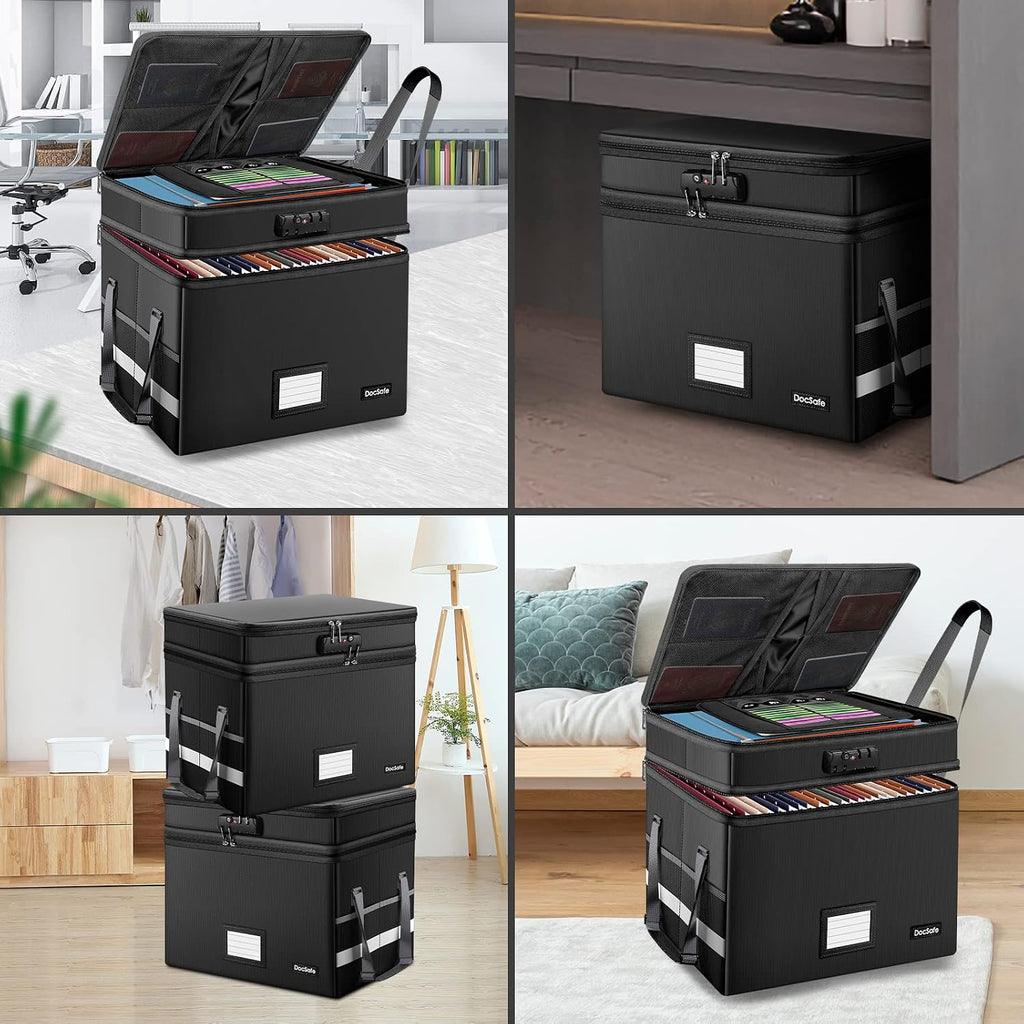 File Box with Lock,Multi-Layer Fireproof Document Box Collapsible File Storage Organizer with Pockets/Handle,Large