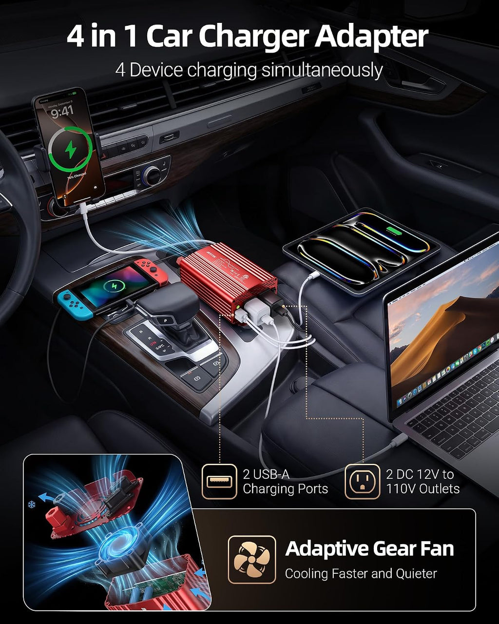 300W Pure Sine Wave Power Inverter - DC 12V to AC 110V Car Converter | 4.8A Dual USB Charging Ports and 2 AC Outlets