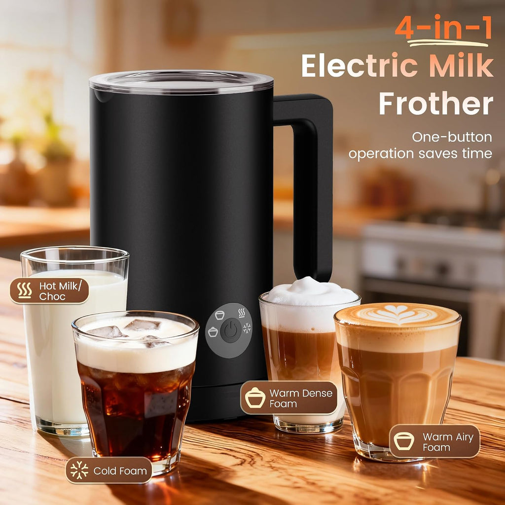 4-in-1 Electric Milk Frother & Steamer – Automatic Frother Machine, Barista-Style Hot & Cold Foam for Lattes