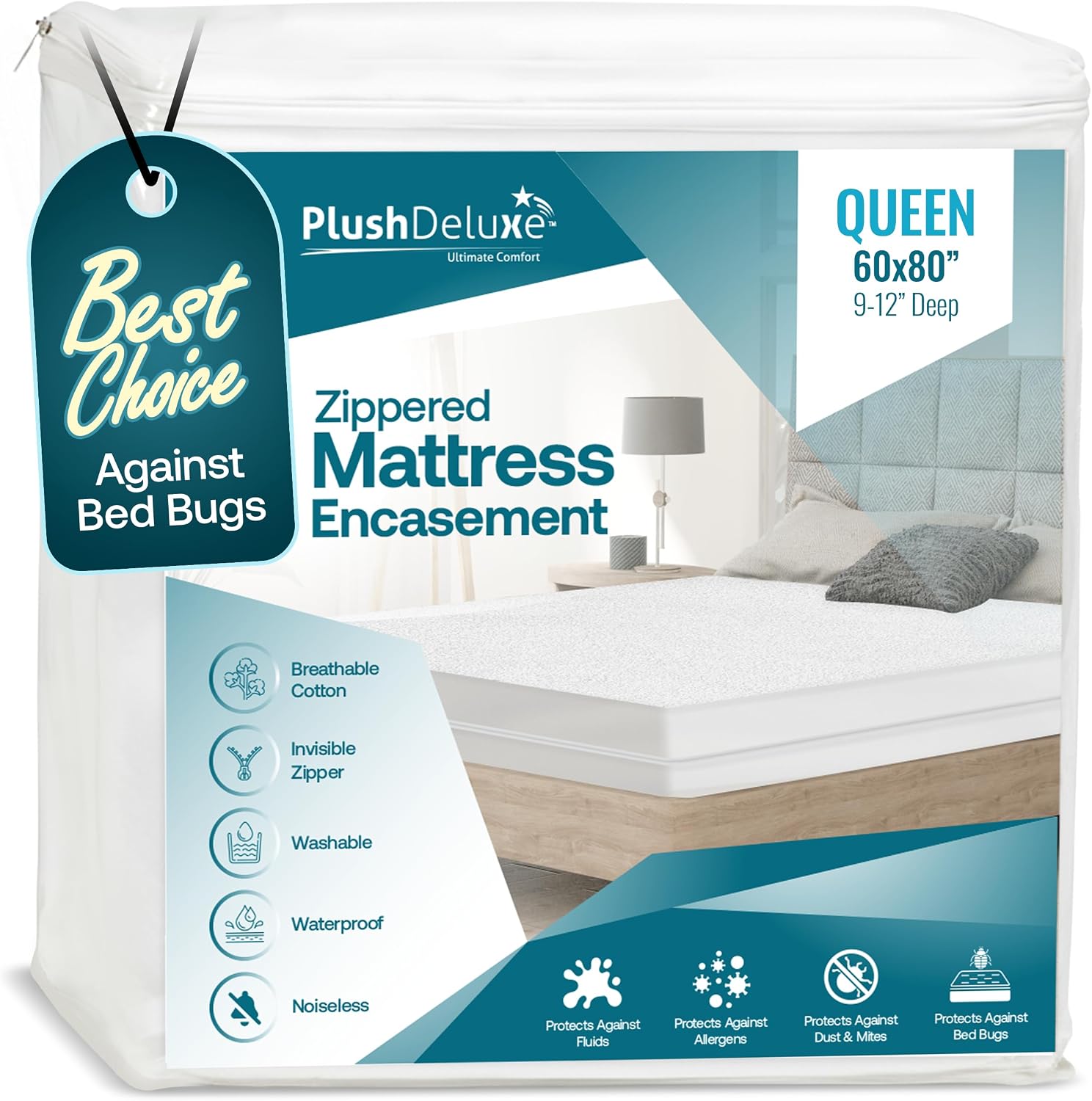 Queen Size Premium Mattress Encasement - Zippered Waterproof, Bedbug Proof Design, 6-Sided Protection