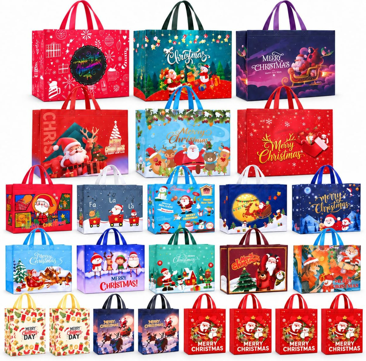 24 Pack Christmas Gift Bags Assorted Sizes Bulk with Handles