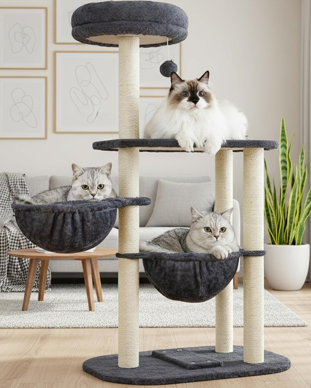 Small Cat Tree Tower with Lots of Scratching Posts - 42 Inch Medium Compact Cats Scratch House with Hammock Perch for