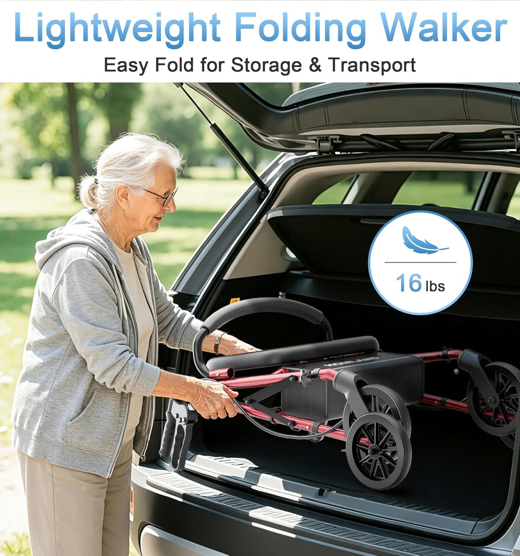 Walkers for Seniors with Seat, Portable Rollator, Red | 16 lb Lightweight, 5-Level Height Adjustable, 22" Wide for