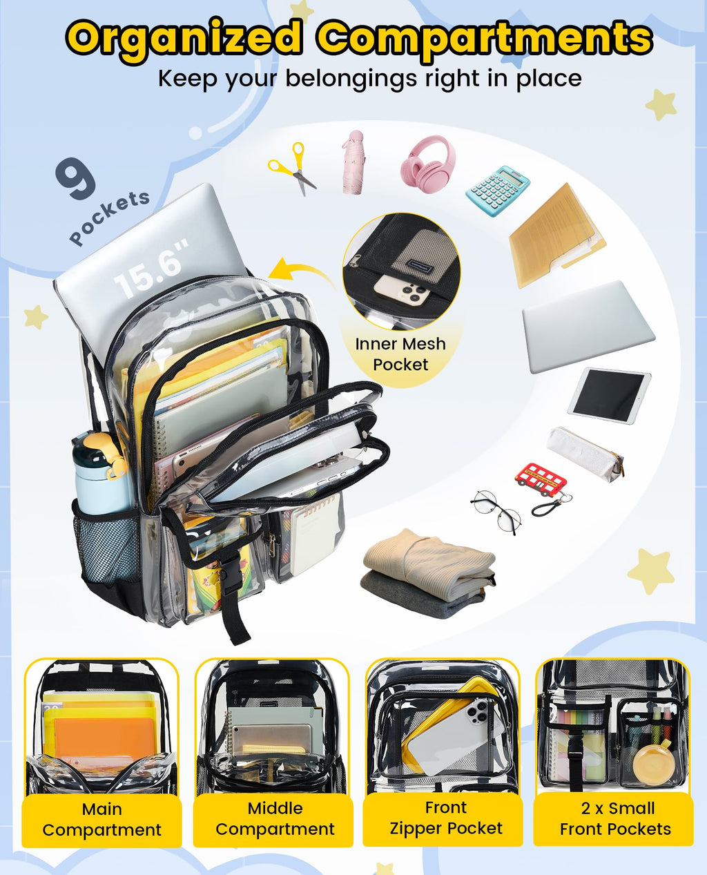 Clear Backpack Heavy Duty, Large Multi-pockets Clear Bookbag