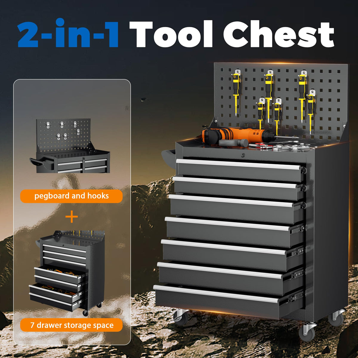 7 Drawers Rolling Tool Chest with Pegboard, Metal Tool Chest with Drawers, Tool Storage Cabinet with Wheels for