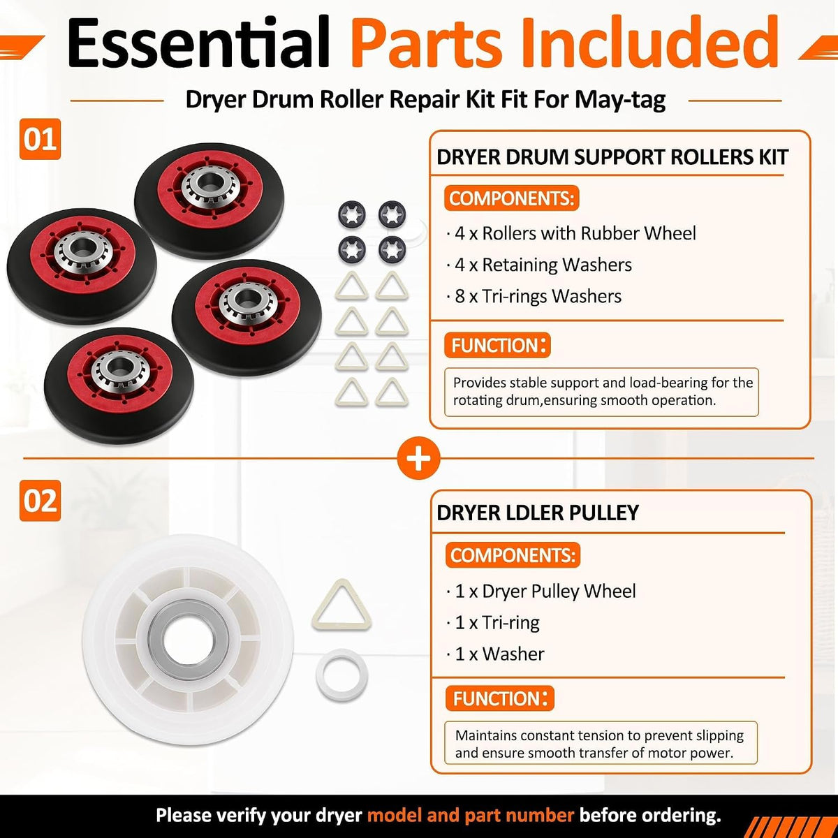 MED5630HW0 MED5801TW0 Dryer Drum Roller Repair Kit&Belt Fit for May-tag