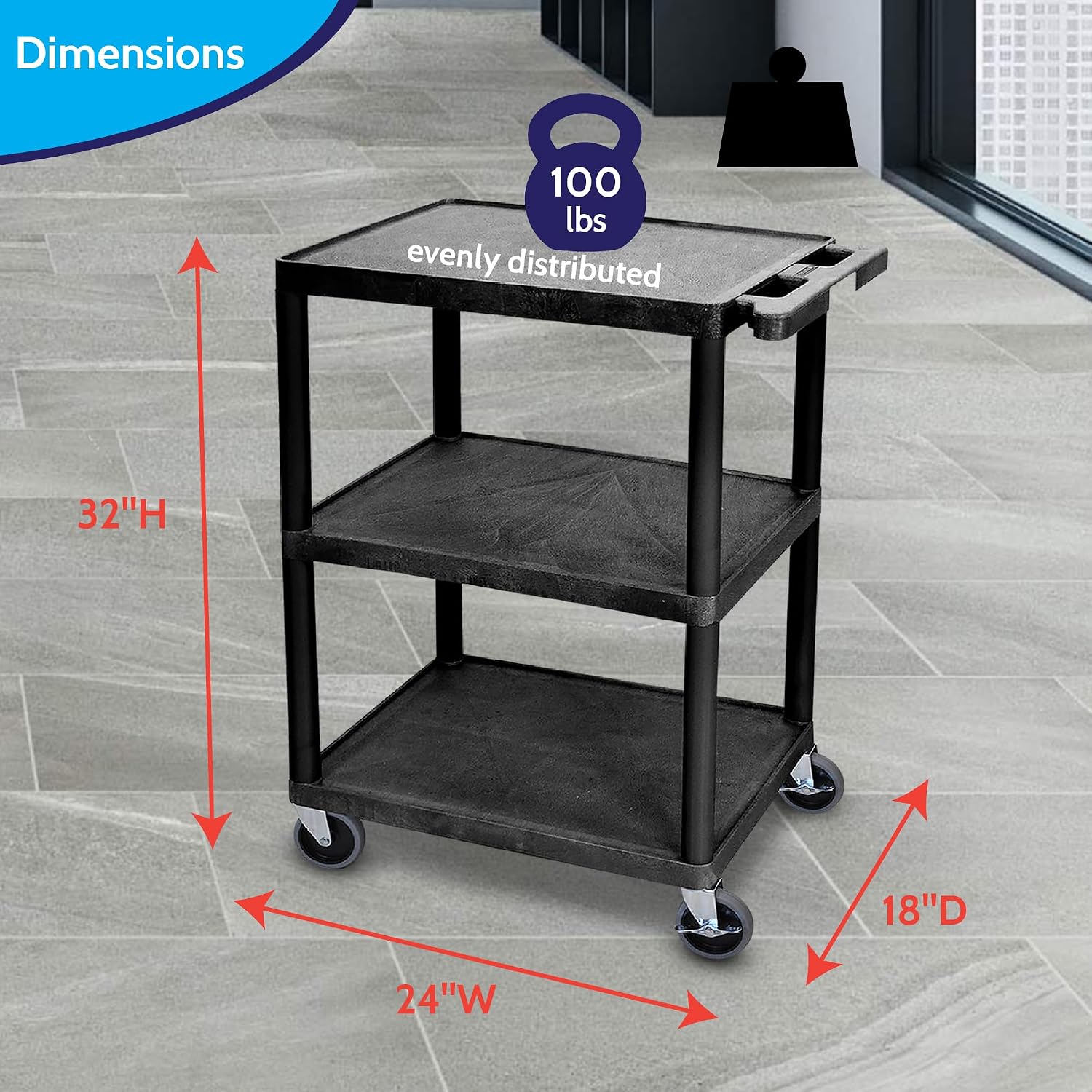 STC222-B 3-Shelf Utility Cart, Black