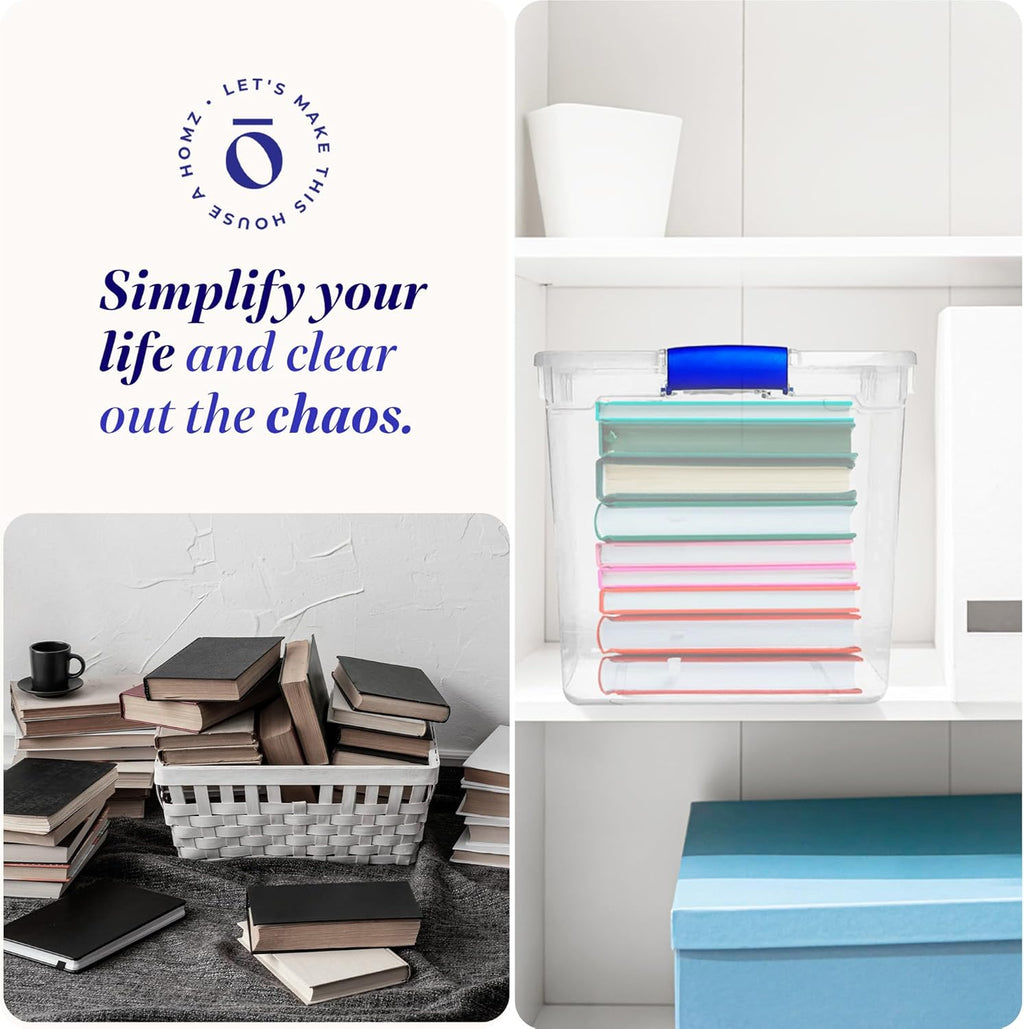 4-Pack 31 Quart Latching Lid, Clear Plastic Storage Organizer Bins, Blue – Stackable Containers for Home & Office