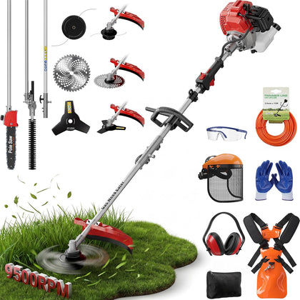 WHTH 52CC Gas Weed Eater, 5-in-1 Brush Cutter & Hedge Trimmer, Red | 9500 RPM, 18 in swath, 12 in pole saw, 40 in