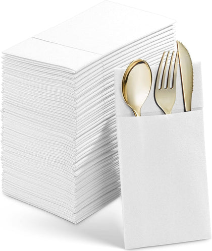 200-Count Linen-Feel Dinner Napkins with Pocket For Flatware, Soft & Thick White Disposable Paper Napkins With Pocket