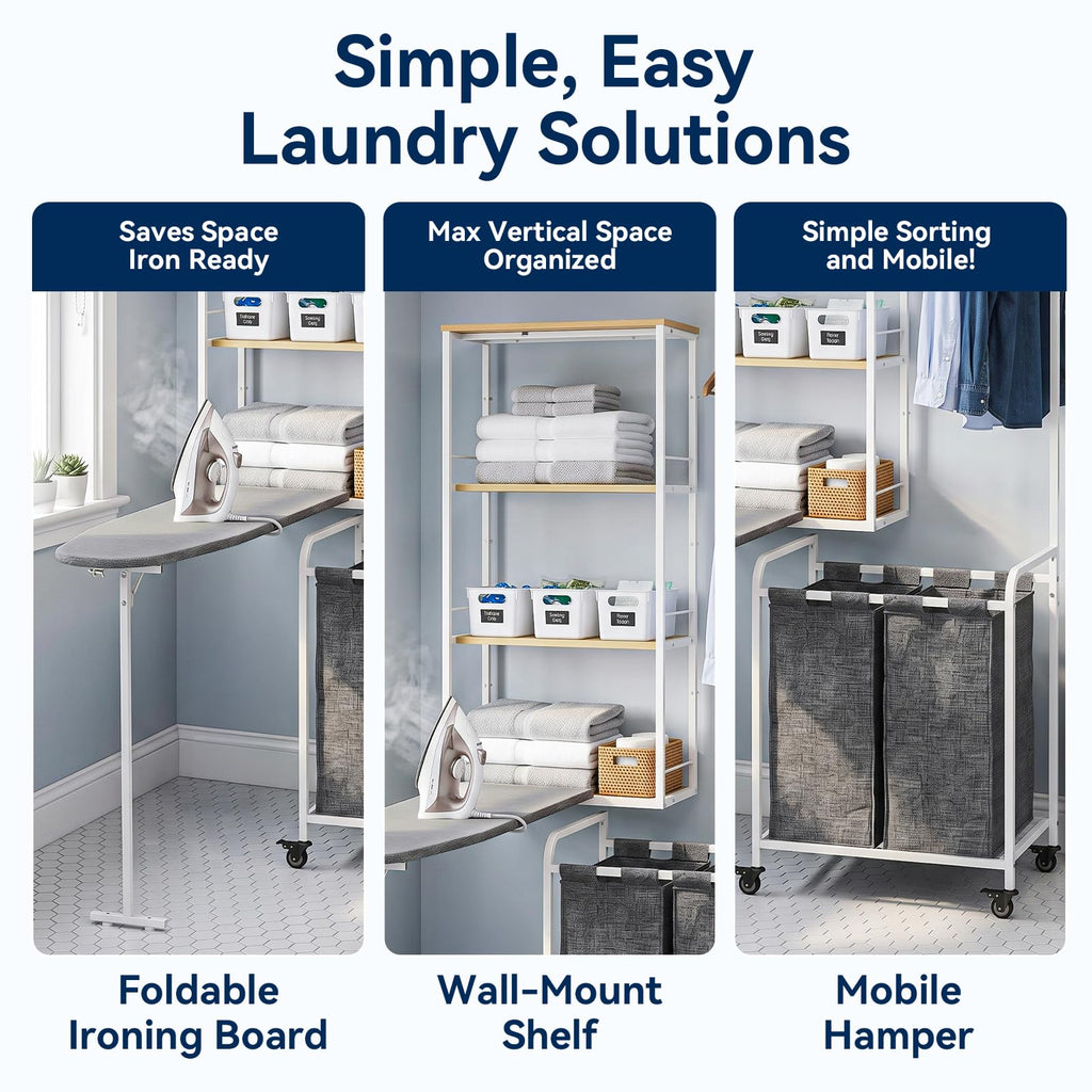 Laundry Sorter with Hanging Bar for Laundry Room, Foldable Ironing Board