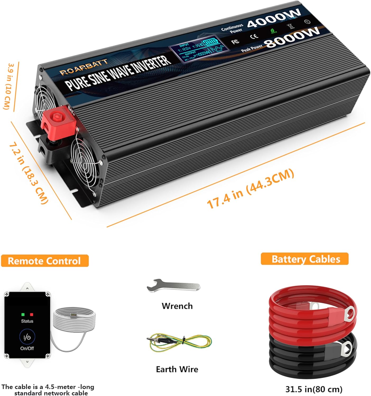 4000W Pure Sine Wave Power Inverter 12V DC to 110V/120V AC, 8000W Peak with Remote Control, 4 AC Outlets, Dual USB
