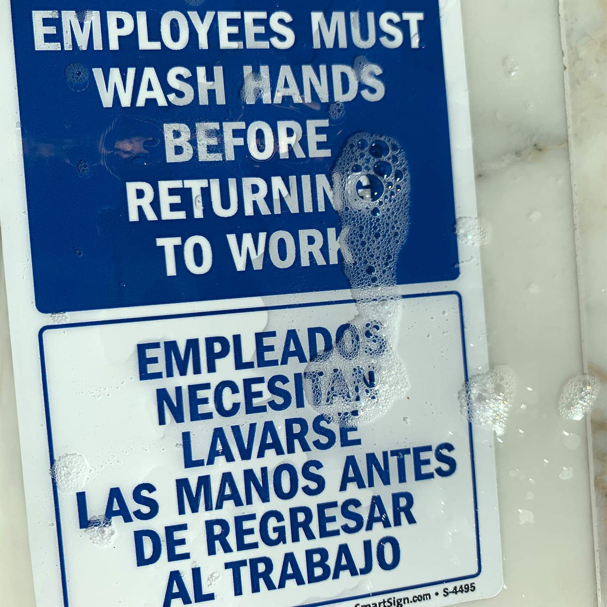 “Employees Must Wash Hands Before Returning to Work" Bilingual Hand Washing Label | 3.5" x 5" Laminated Vinyl