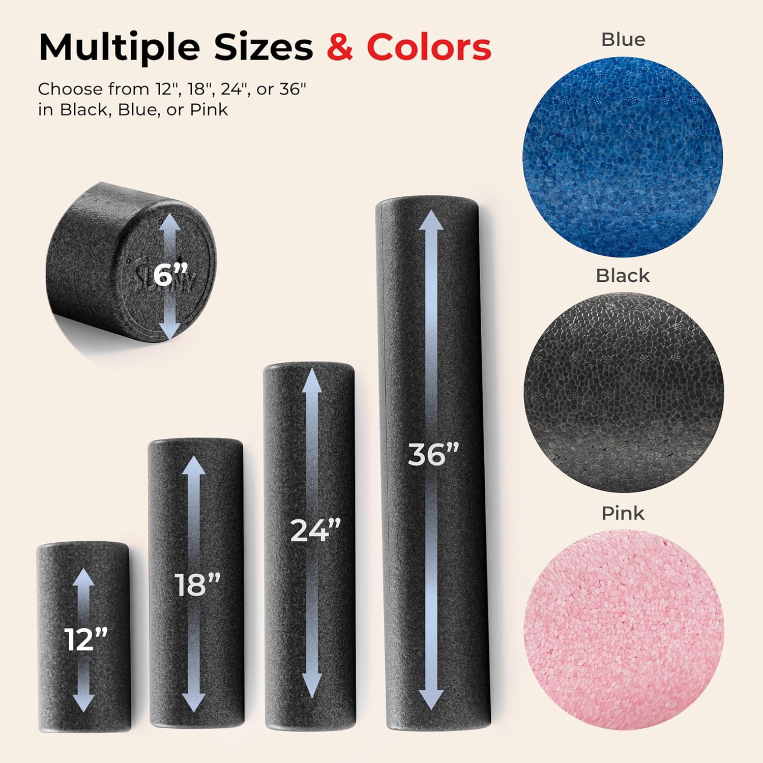 High-Density Foam Roller 12" to 36", for Stretching & Muscle Recovery – Black, Blue, Pink