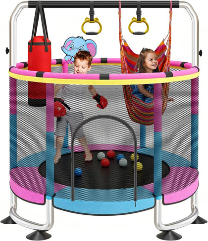 60" Toddler Trampoline, Indoor Trampoline for Kids with Safety Enclosure, 440LBS Support, Adjustable Gymnastics Bar &