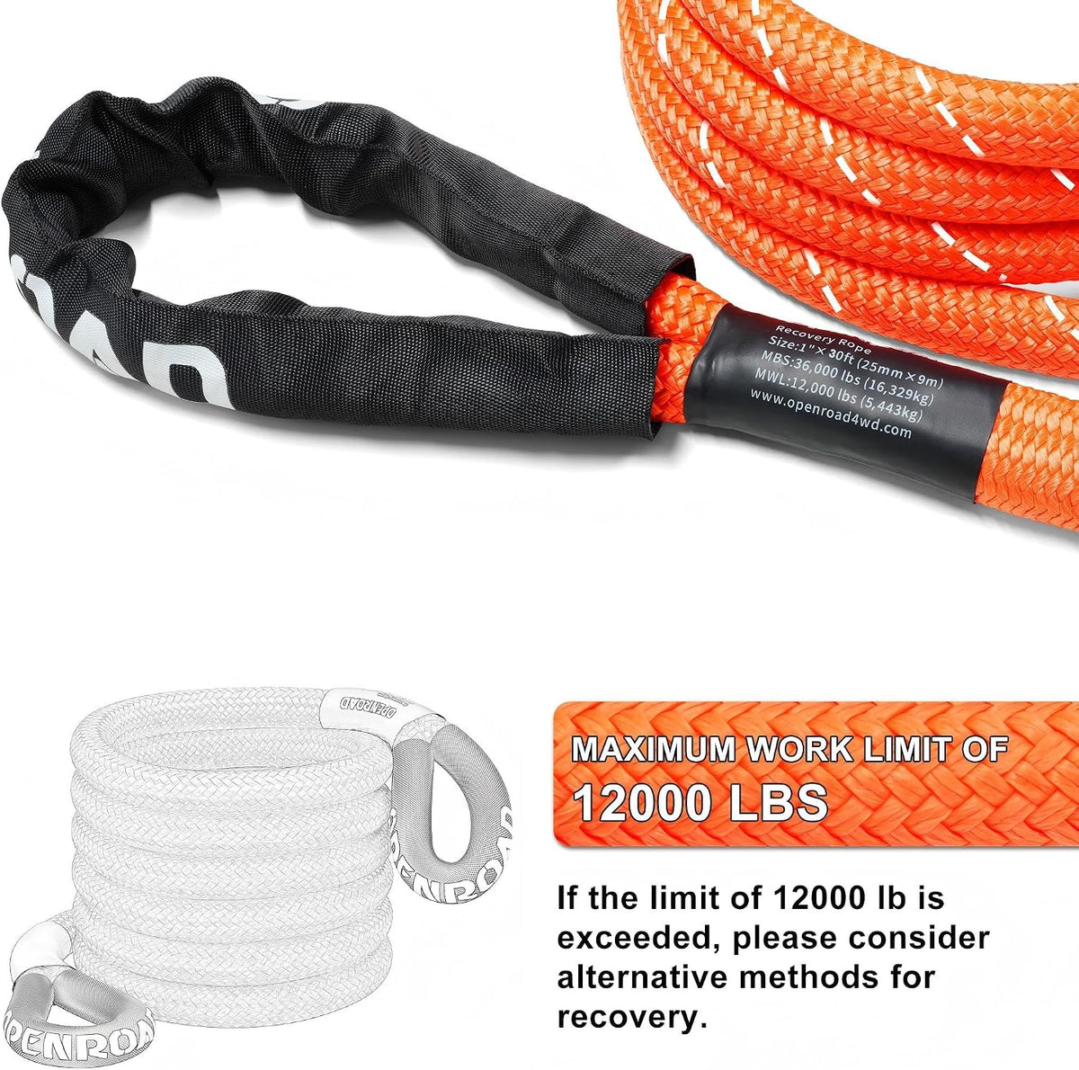 Kinetic Recovery Tow Rope, 36000 Lbs (1in x 30ft Orange with Soft Shackle) Extreme Duty 35% Elasticity Energy Offroad