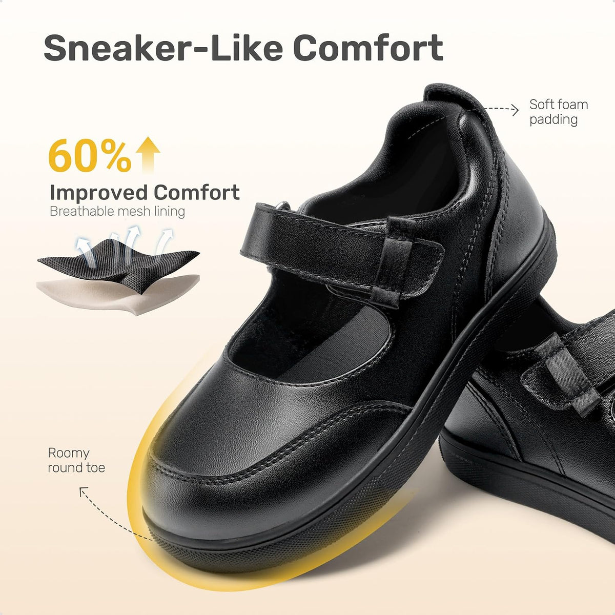 Girls Mary Jane Toddler School Shoes | Adjustable Strap Uniform Sneakers Durable Toe Flexible Non-slip Flats Easy On