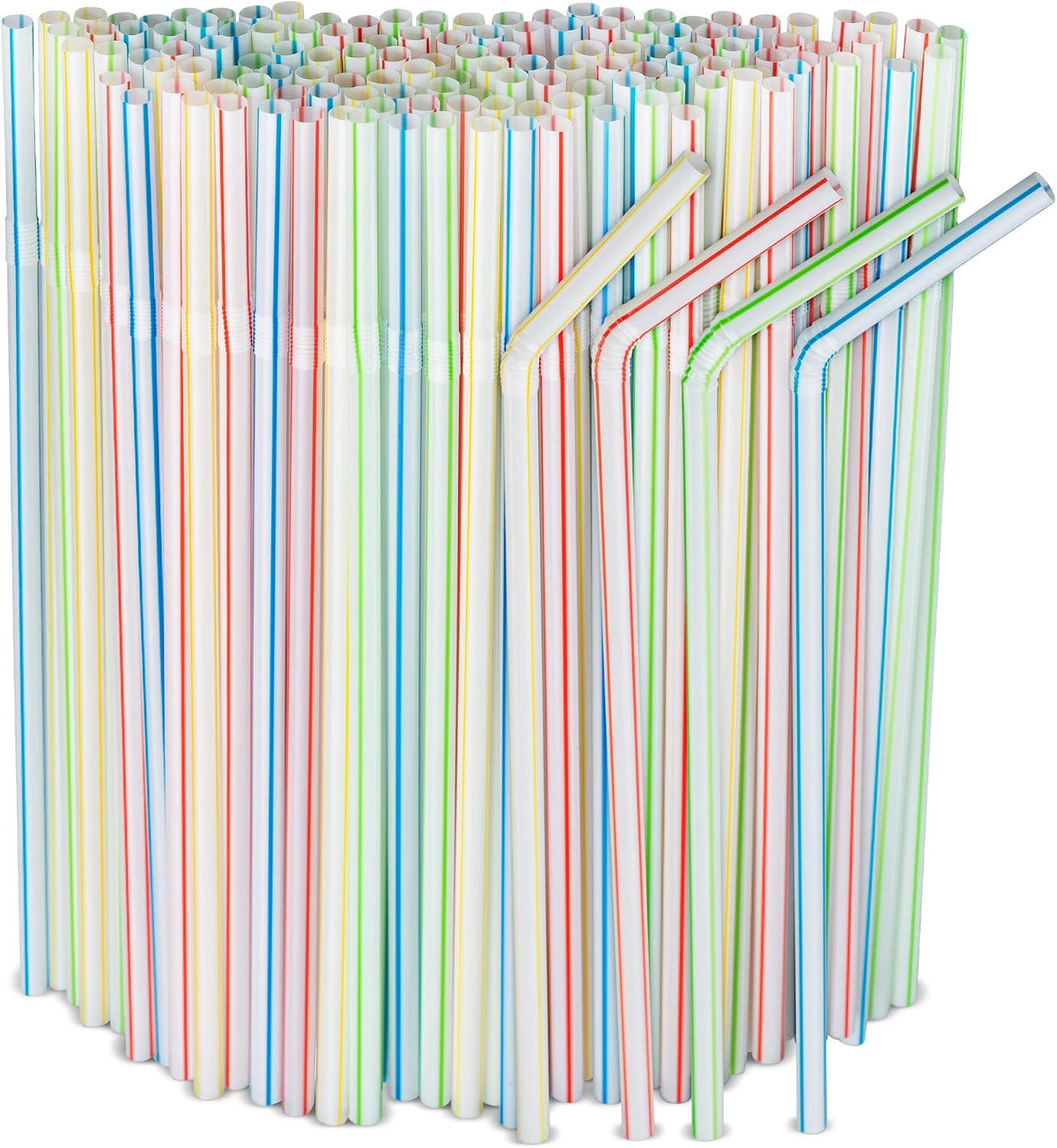 [500 Pack] Striped Flexible Plastic Drinking Straws Disposable Straw 8'' inches Tall Assorted Colors
