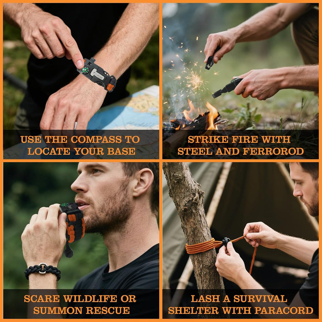 Paracord Survival Bracelet (3 Pack) - Adjustable with Fire Starter, Whistle, Compass - Survival Gear for Hiking