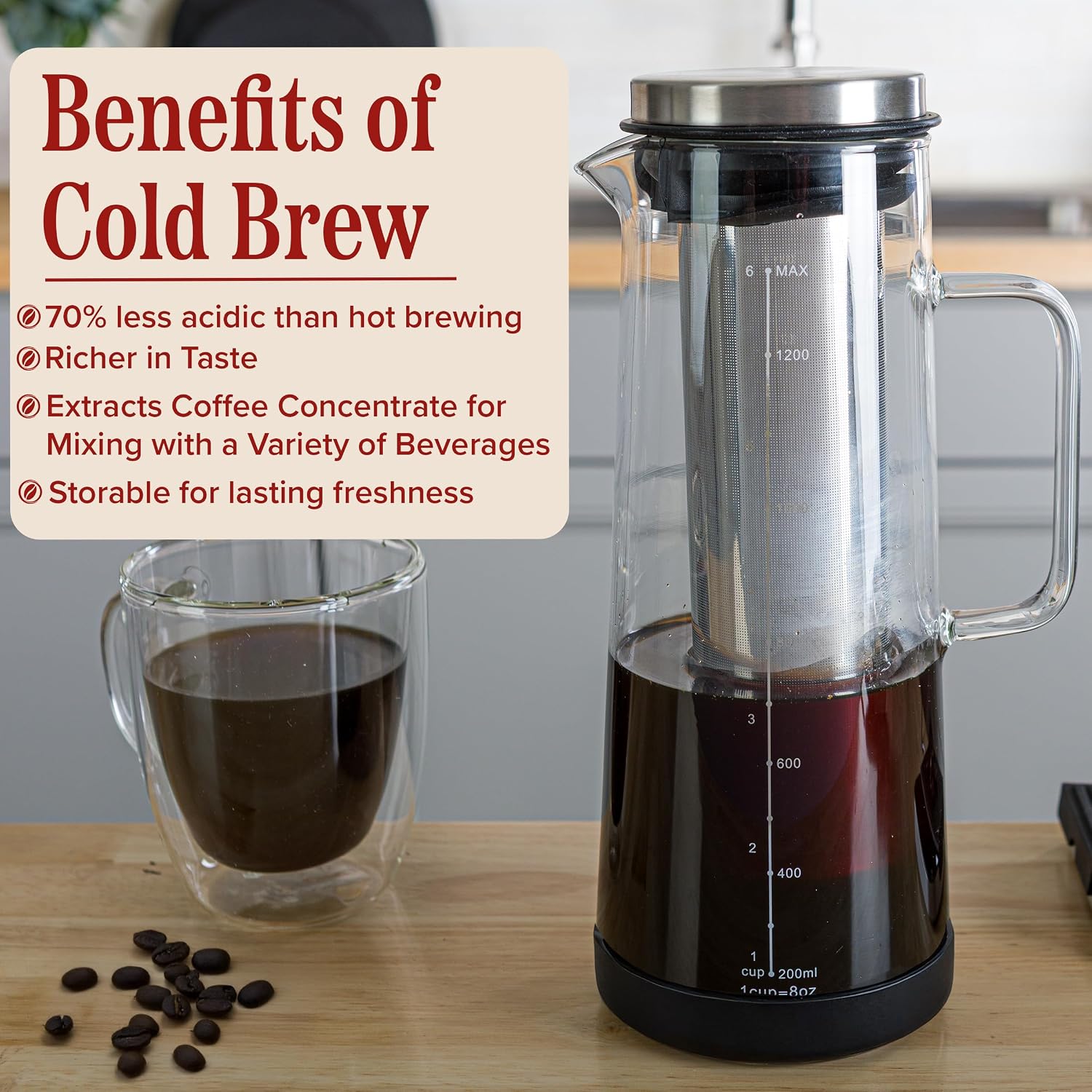 Cold Brew Coffee Maker Pitcher - 1.4L/48oz Glass Carafe with Lid and Spout and Removable Stainless Steel Filter