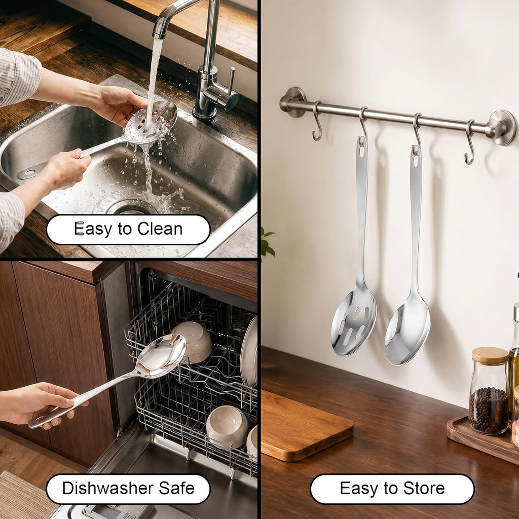 2PCS Stainless Steel Serving Spoons Set, Solid & Slotted