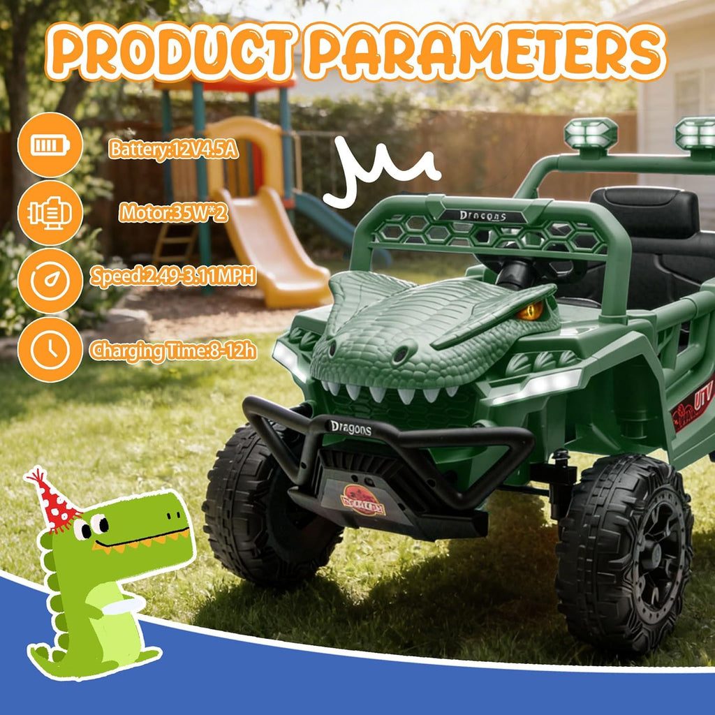 12V Dinosaur Ride On UTV, Kids Electric Vehicle with Parent Control, 3 Speeds,6 LED Lights, Shock