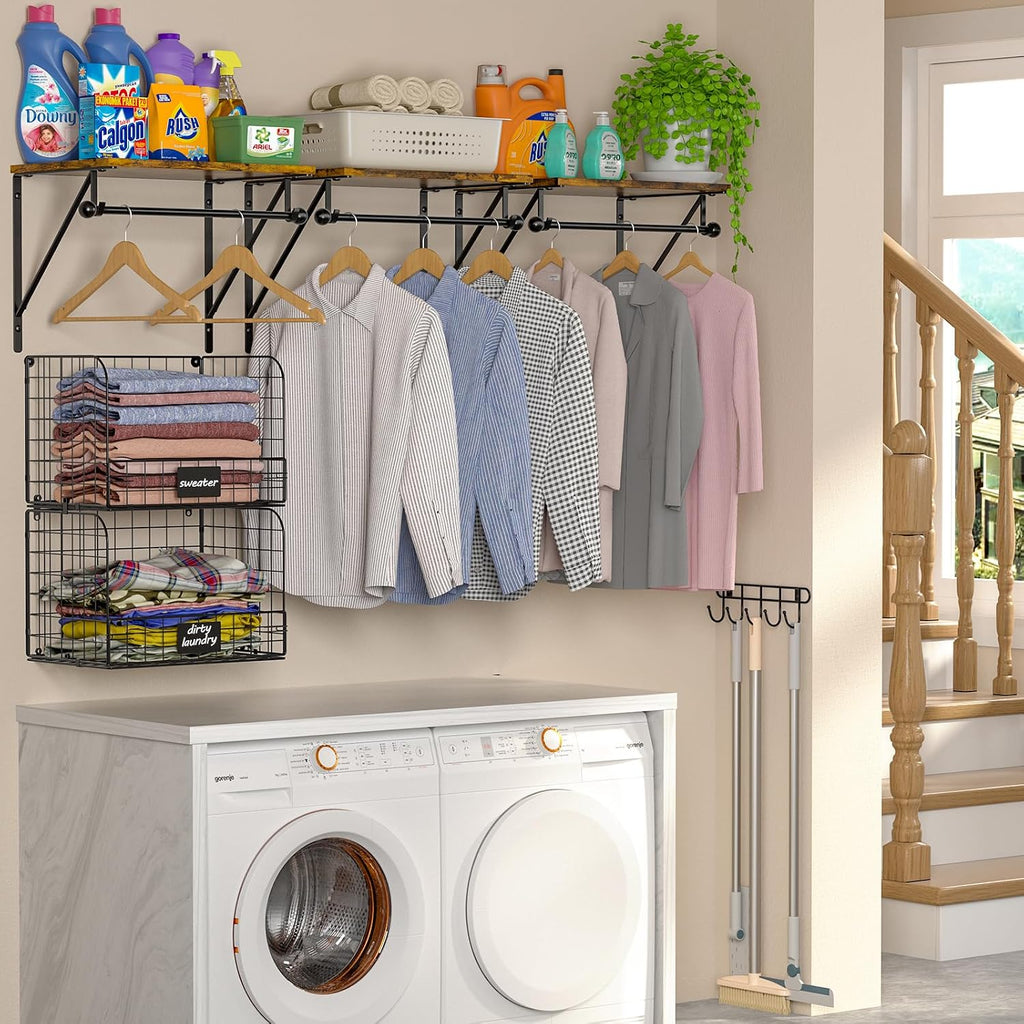 Laundry Room Shelves Wall Mounted with Wire Baskets, Over the Washer and Dryer Shelf with Clothes Drying Rack, Wire