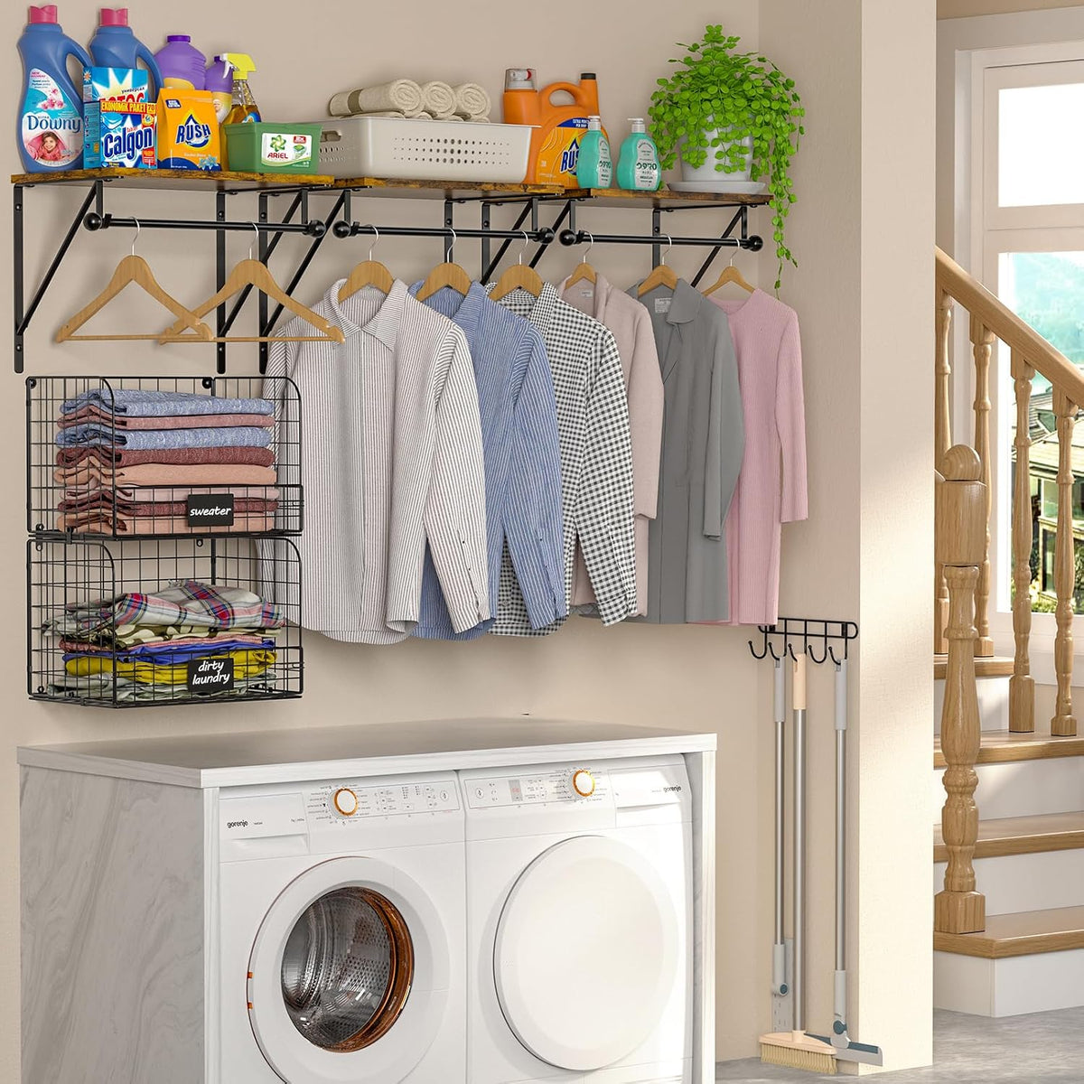 Laundry Room Shelves Wall Mounted with Wire Baskets, Over the Washer and Dryer Shelf with Clothes Drying Rack, Wire